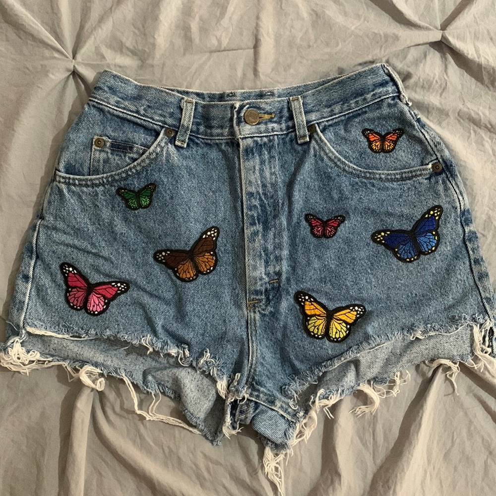 Custom vintage high waist cut off shorts butterfly patches